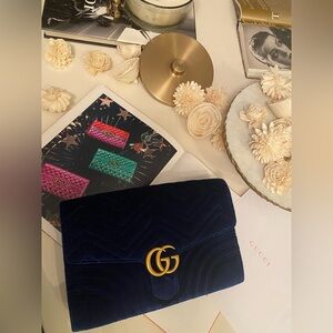 Gucci Navy Velvet Clutch with Gold Logo